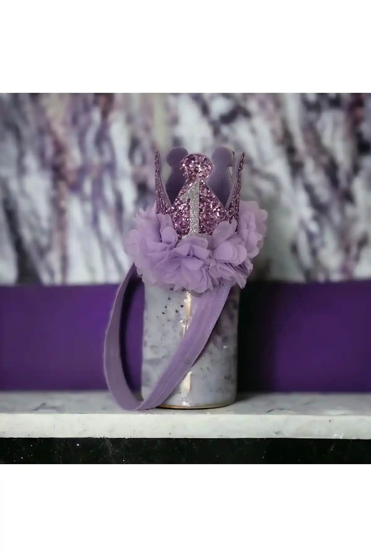 Damlakidsmoda 1 Yaş Doğum Günü Tacı Gümüş ve Lila Renklerle Şık ve Kişiselleştirilebilir